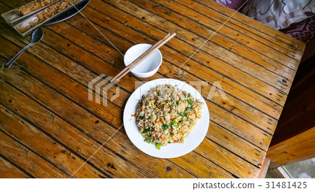 above view of fried rice with vegetables above view of fried rice with vegetables 31481425