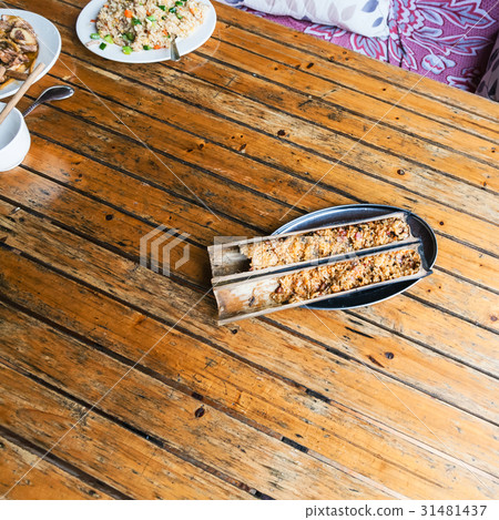 top view of fried rice in bamboo trunk top view of fried rice in bamboo trunk 31481437