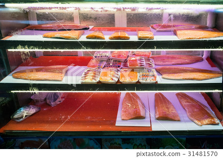 Smoked salmon fillet in fish market in Guangzhou Smoked salmon fillet in fish market in Guangzhou 31481570
