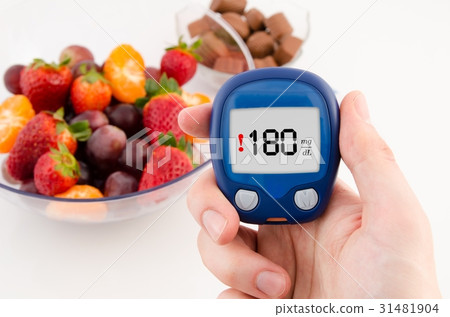 Hand holding meter with warning glucose level test 31481904