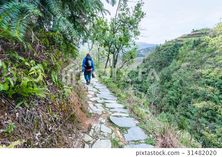 tourist on path on mountain slope in Dazhai tourist on path on mountain slope in Dazhai 31482020