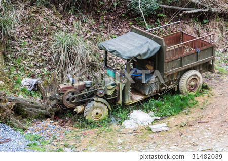 old broken truck on side of country road old broken truck on side of country road 31482089
