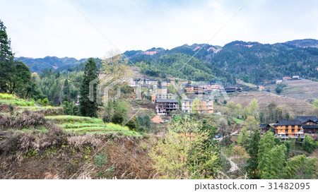 view of Tiantouzhai village in terraced fields 31482095