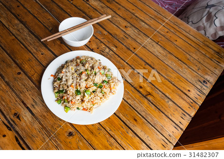 top view of fried rice with vegetables 31482307