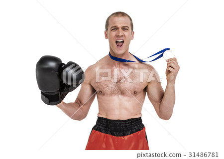 Happy boxer showing his silver medal 31486781