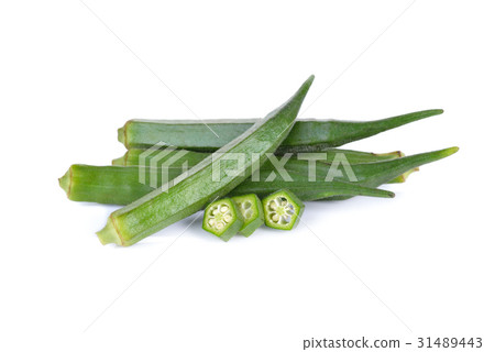 whole and cut fresh okra on white background 31489443