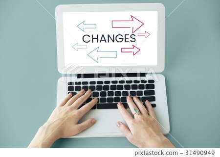 Hands working on laptop network graphic overlay Hands working on laptop network graphic overlay 31490949