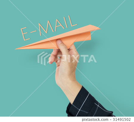 Hand holding network graphic paper plane 31491502