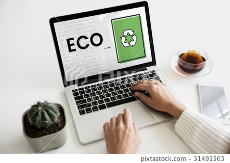 Hands working on laptop network graphic overlay Hands working on laptop network graphic overlay 31491503