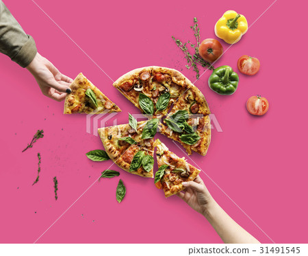 Hands taking slices of italian cuisine pizza Hands taking slices of italian cuisine pizza 31491545