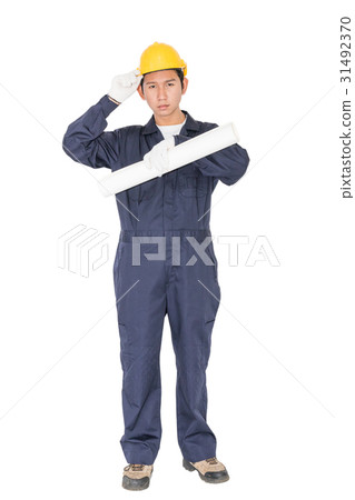 Worker holding blueprint on white Worker holding blueprint on white 31492370