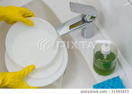Female hand washing dish Female hand washing dish 31493853