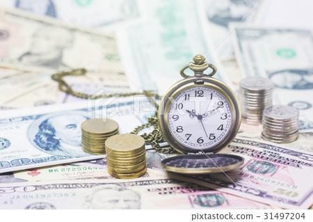 pocket watch, coins with banknotesdollar 31497204