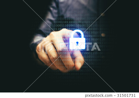 Businessman pressing lock icon with binary Businessman pressing lock icon with binary 31501731