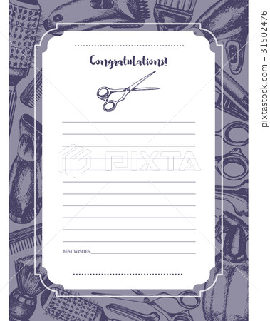 Barber Equipment - hand drawn template card. Barber Equipment - hand drawn template card. 31502476