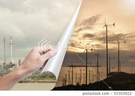 hand opening page oil industry to wind turbines. 31503022