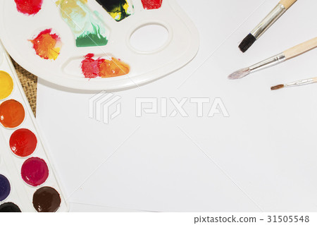 Set of watercolor paints, brushes for painting and 31505548