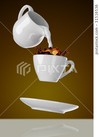 Milk being poured into small cup of coffee. 3d 31516536