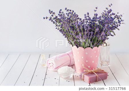 spa massage setting, lavender product, oil on spa massage setting, lavender product, oil on 31517766