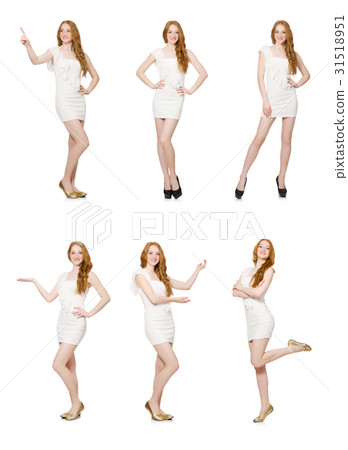Woman pressing virtual button isolated on white Woman pressing virtual button isolated on white 31518951