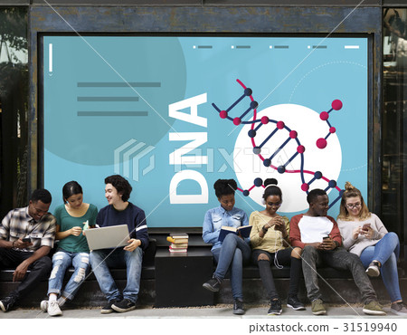 Group of students dna strand graphic on the wall Group of students dna strand graphic on the wall 31519940