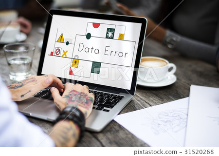 Hands working on laptop network graphic overlay 31520268