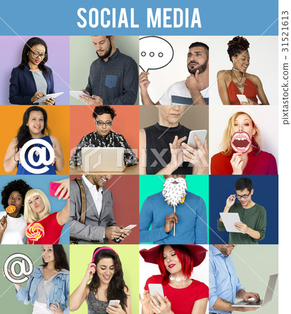 Collage of diverse people using digital devices Collage of diverse people using digital devices 31521613