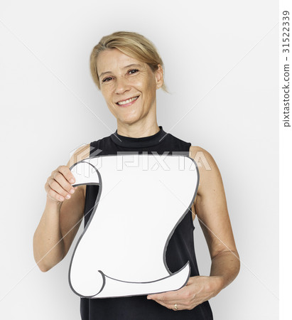 Woman Smiling Happiness Holding Banner Copy Space Woman Smiling Happiness Holding Banner Copy Space 31522339