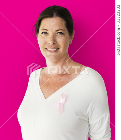 Caucasian Woman with a Pink Breast Cancer Ribbin 31523232