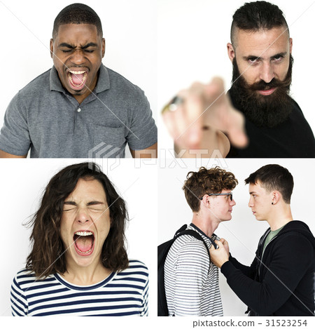 Set of Diversity People Angry Face Expression Emotion Studio Collage 31523254