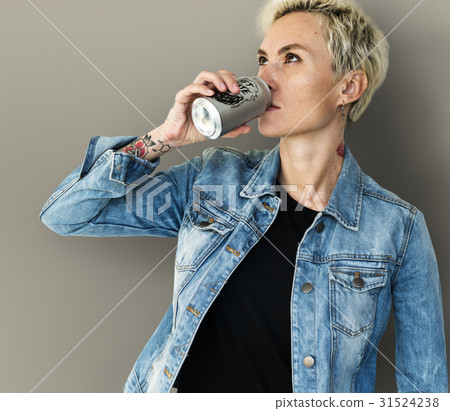 Adult Woman Drinking Beverage from Can Adult Woman Drinking Beverage from Can 31524238