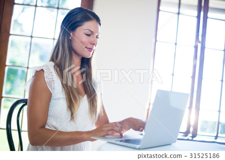 Smiling woman using a laptop in restaurant 31525186