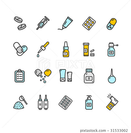 Pills Related Medical Color Thin Line Icon Set 31533002