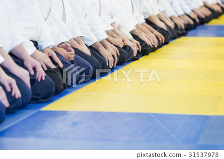 People in kimono and hakama sitting in a long line 31537978