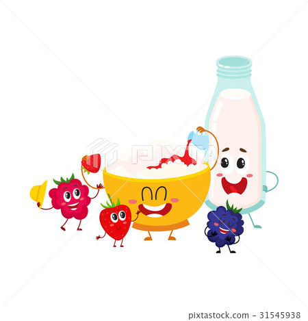 Funny bowl of cottage cheese, milk bottle and 31545938