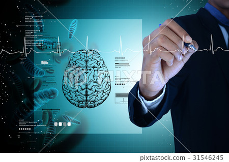 Man showing brain with a heart beat sign Man showing brain with a heart beat sign 31546245
