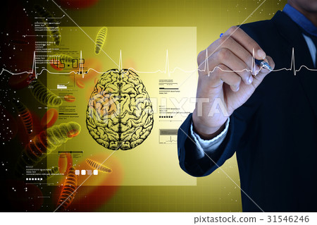Man showing brain with a heart beat sign 31546246