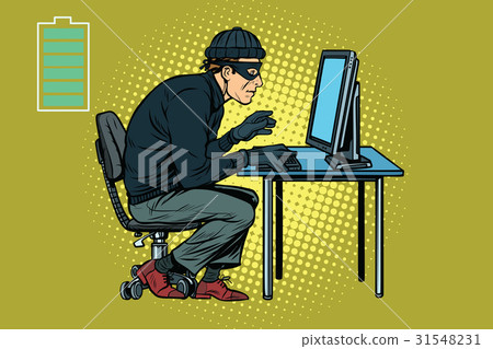 Caucasian hacker thief hacking into a computer - Stock Illustration ...