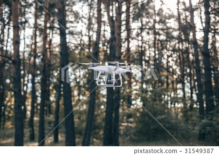 Hovering drone taking pictures in forest 31549387