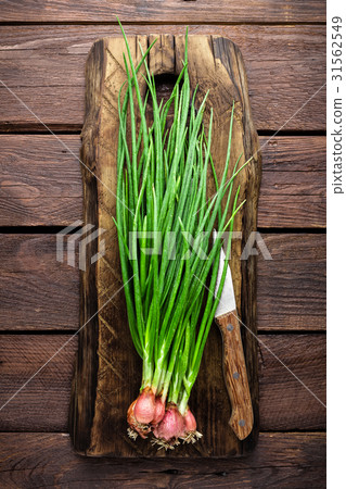 Green onion or scallion on wooden board Green onion or scallion on wooden board 31562549