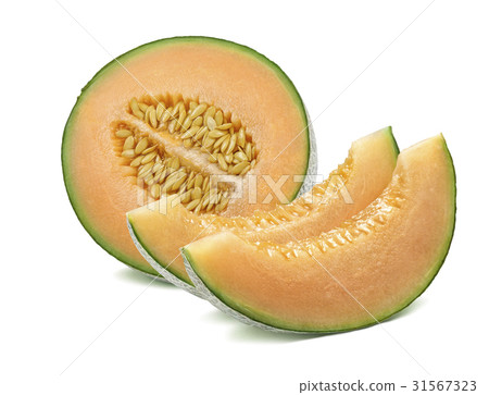 Half cantaloupe melon and slices isolated on white 31567323