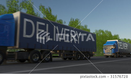 Speeding freight semi truck with DELIVERY caption 31576728