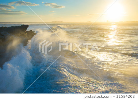 Ocean rocky beach at sunset 31584208