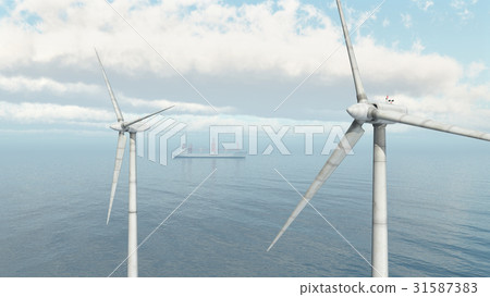 Offshore wind turbines and cargo ship 31587383