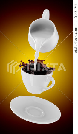 Milk being poured into small cup of coffee. 3d Milk being poured into small cup of coffee. 3d 31590176