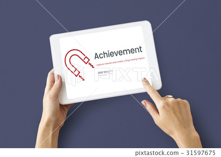 Hands working on digital device network graphic overlay 31597675