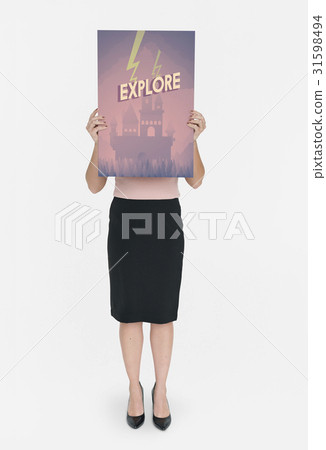 Woman holding network graphic overlay banner Woman holding network graphic overlay banner 31598494