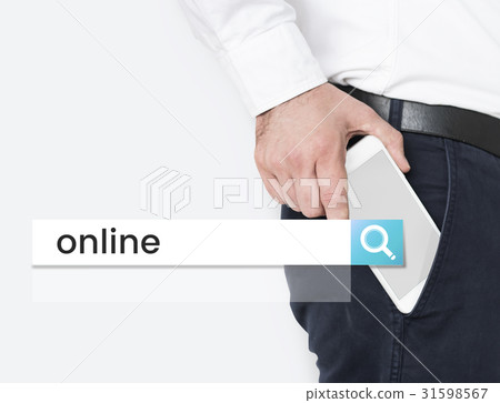 Hand holding digital device network graphic in pocket Hand holding digital device network graphic in pocket 31598567