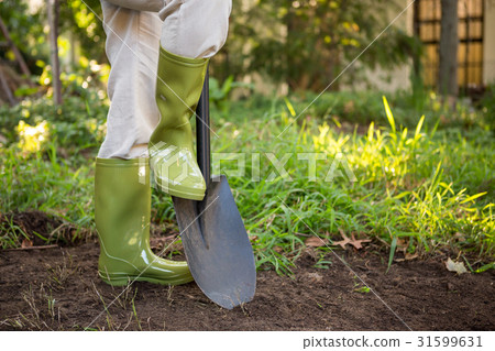 Low section of female gardener with shovel at garden Low section of female gardener with shovel at garden 31599631