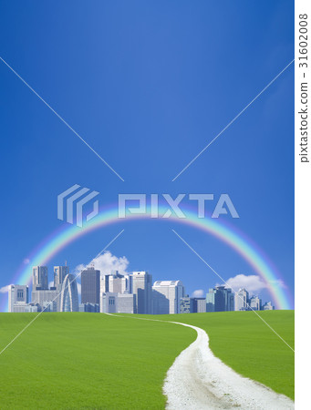 A road leading to a skyscraper street over the hill and a rainbow 31602008